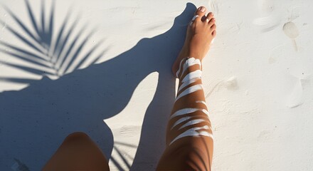 Sunscreen stripes adorn a leg resting on pristine white sand under tropical palm fronds