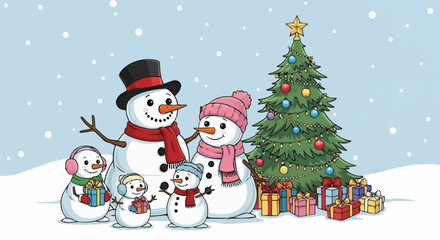 Festive Snowman Family Gathered Around a Decorated Christmas Tree.