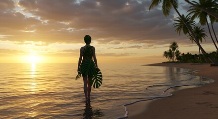 Woman wearing leafy dress walks in shallow ocean water at sunset on a tropical beach