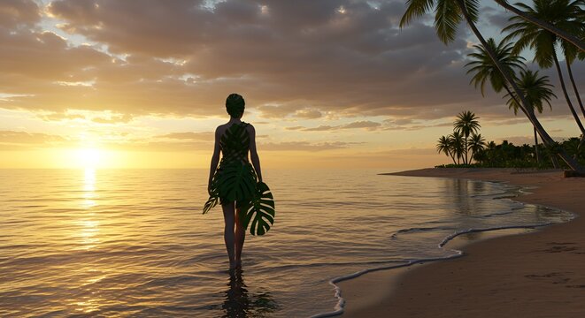 Woman wearing leafy dress walks in shallow ocean water at sunset on a tropical beach