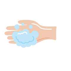 Close Up Of A Caucasian Hand With Light Brown Skin Tone Gently Holding Light Blue Bubbles And Soap Foam On A Plain White Background Illustrating Hygiene And Cleanliness