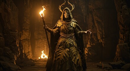 Mysterious druid figure with antlers holding a torch inside a cave environment.
