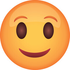 Close up of a glossy orange happy face emoji with smiling mouth and curved eyebrows against a transparent background