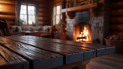 Warm log cabin living room: fireplace glow & rustic tabletop