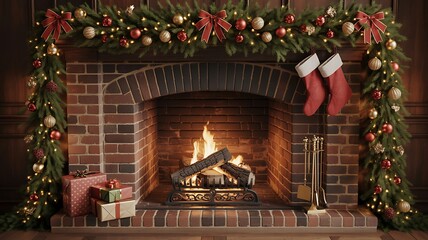 Cozy christmas fireplace with garland, stockings, and gifts