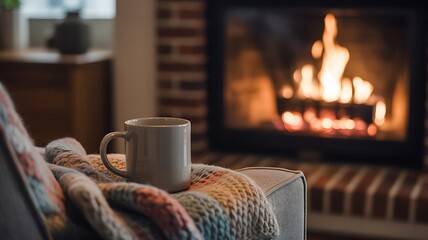 Cozy evening by fireplace: warm drink, knitted blanket & hygge