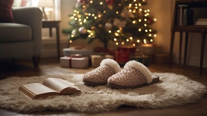 Winter hygge home: cozy slippers, book, christmas tree vibes