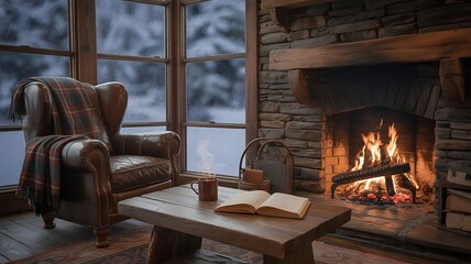 Hygge living: warm fireplace & snowy window retreat