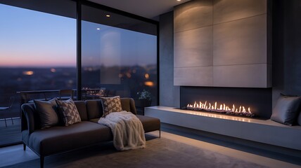 Contemporary living room with fireplace and panoramic cityscape at twilight