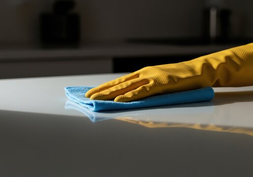 A cleaning cloth actively sanitizes a sleek, hard surface within a domestic setting, removing dust and maintaining optimal hygiene standards ,kitchen ,refreshing ,interior