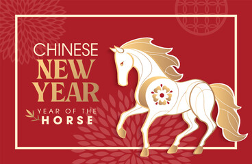 Chinese new year 2026 year of the Horse poster with zodiac sign. Asian style design. Concept for traditional holiday card, banner, poster, decor element.