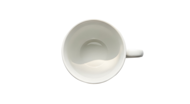 Empty white ceramic coffee or tea cup overhead view for kitchenware design mockups isolated PNG with Transparent Background