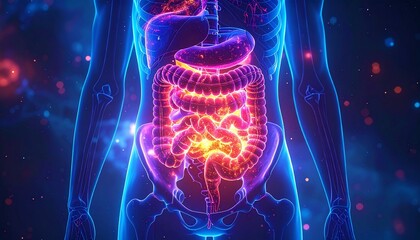 Human Digestive System Anatomy Illustration with Glowing, 3D Render, and Medical Background.