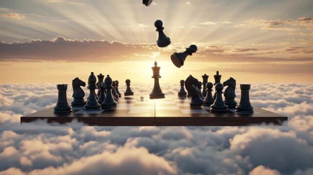 A chessboard floats above sunlit clouds at dusk, with pieces levitating midair in a dreamlike tableau