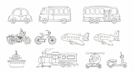 Hand Drawn Doodle Collection of Various Transportation Vehicles.