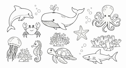 Ocean Life Coloring Page - Dolphin, Whale, Octopus, and More.