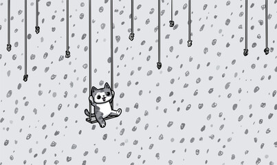 Gato de desenho animado pendurado em um fio contra um fundo pontilhado em preto e branco, arte vetorial.