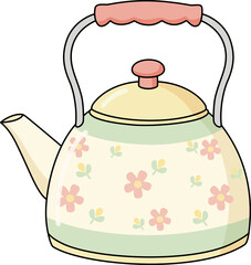 Cute Retro Teapot with Flower Pattern. Vintage Kettle Cartoon Vector Illustration in Pastel.