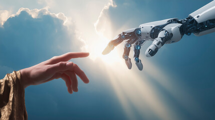 The outstretched hand of God trying to touch the hand of a robot, concept of Creation and Artificial Intelligence