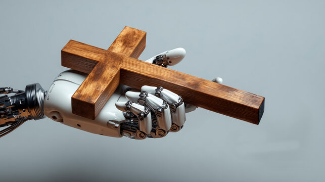 A robotic hand holds a wooden cross of Christ, a concept of faith and artificial intelligence
