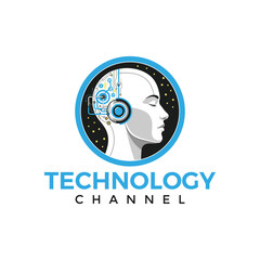 Modern technology channel logo with human head and circuit inside circle
