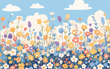 Campo de flores silvestres vibrantes sob um c&eacute;u azul com nuvens brancas e fofas, ilustra&ccedil;&atilde;o vetorial
