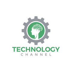 Green technology channel logo with human head and tree inside gear