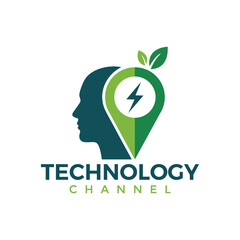 Technology channel logo featuring a head silhouette, a green location pin, and a lightning bolt