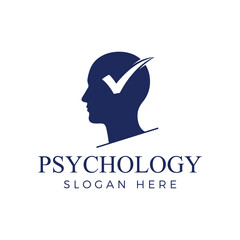 Psychology logo featuring a human head silhouette with a check mark inside for mental health awareness