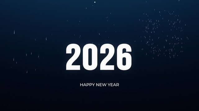 Happy new year 2026 with subtle particles and distant fireworks on dark blue background