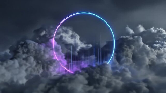 Vibrant neon circle with futuristic cityscape silhouette glowing against a dramatic dark cloudy sky, digital concept.