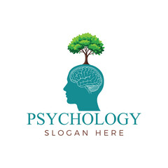 Psychology logo with tree on brain inside head mental health and mind treatment concept