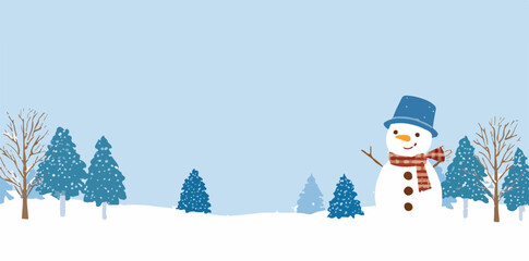 Boneco de neve sorridente em paisagem de inverno com &aacute;rvores e neve caindo, ilustra&ccedil;&atilde;o vetorial