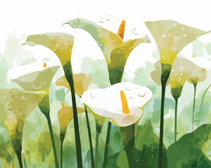 Vetor de l&iacute;rios brancos e amarelos com gotas de &aacute;gua em aquarela suave e fundo verde