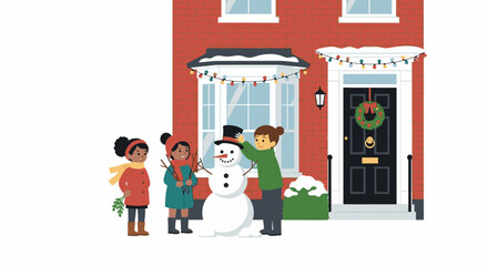 Children happily building a snowman in front of a decorated house during winter.