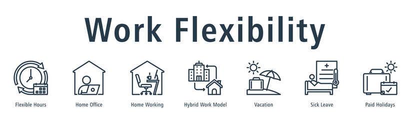 Work flexibility web banner icon vector illustration concept with icon of flexible hours, home office, home working, hybrid work model, vacation, sick leave, and paid holidays.
