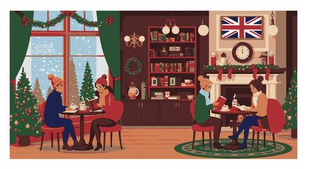 Cozy British cafe during Christmas with people reading books by a fireplace and a snowy window. © NanzZ
