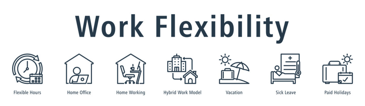 Work flexibility web banner icon vector illustration concept with icon of flexible hours, home office, home working, hybrid work model, vacation, sick leave, and paid holidays.
