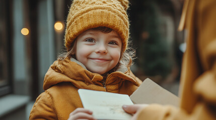 A child receiving a postcard in the mail from a friend or relative, highlighting the joy and connection that postal services bring to personal communication.
