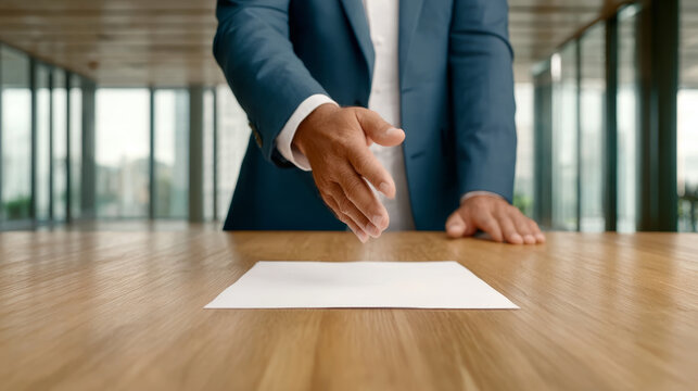 Businessman suit handshake document table office negotiation agreement contract professional confident modern workspace meeting success partnership deal corporate executive formal leadership male