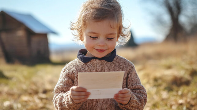 A child receiving a postcard in the mail from a friend or relative, highlighting the joy and connection that postal services bring to personal communication.