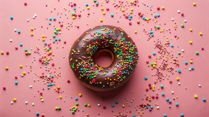 A Delicious Chocolate Glazed Donut Decorated with Colorful Sprinkles on a Pink Background