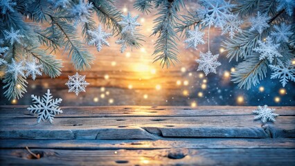 Winter Wonderland Wooden Tabletop Scene with Snowy Branches and Sparkling Lights