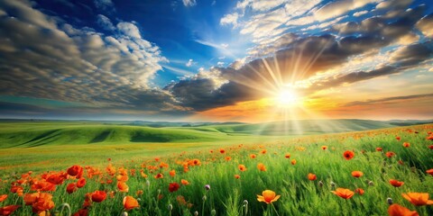 Serene Sunset over a Verdant Meadow Adorned with Vibrant Poppies