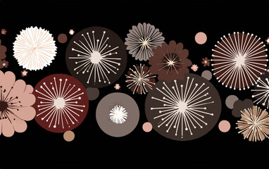 Padr&atilde;o floral abstrato em vetor com flores estilizadas e c&iacute;rculos em tons terrosos sobre fundo preto.