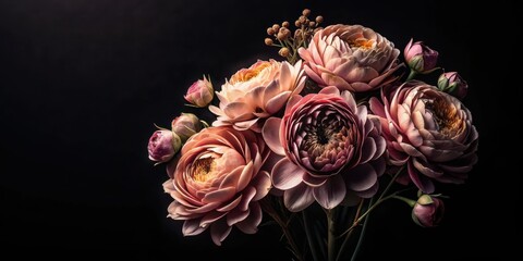 A Darkly Romantic Bouquet of Delicate,  Velvety Petals, Exquisitely Arranged in a Sumptuous Floral Display