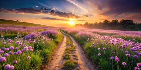 Serene Sunset Stroll Through a Vibrant Purple Flower Field on a Dusty Path