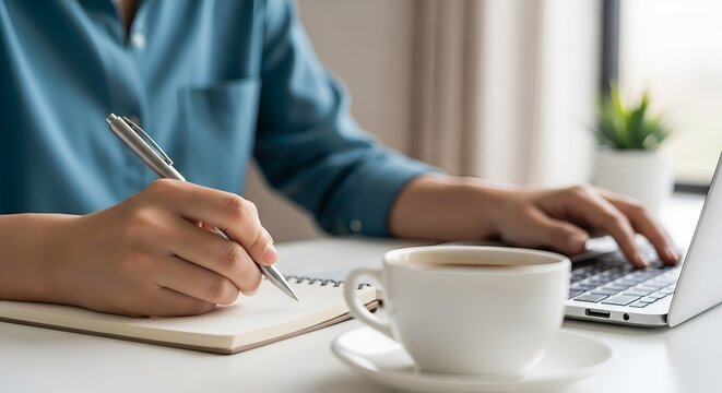 Writing and working at a desk with a notebook, laptop, and coffee