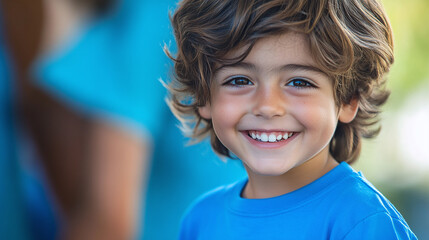 A child with Duchenne muscular dystrophy participating in a community awareness event, wearing a blue T-shirt and smiling, promoting positive awareness and support for DMD.