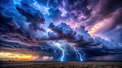 Majestic Thunderstorm with Vibrant Sunset Colors and Dramatic Lightning Bolts Over a Serene Landscape